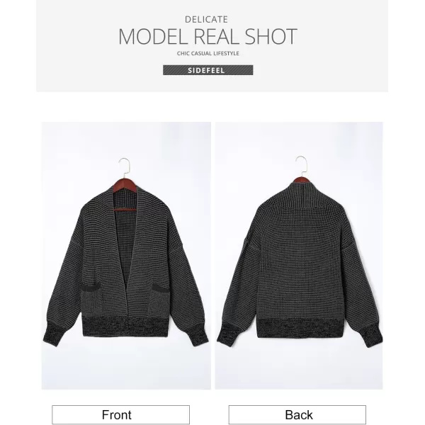 Sidefeel Womens Plaid Short Cardigan Oversized Chunky Long Sleeve Knit Open Front Cardigan Sweaters with PocketsBlack