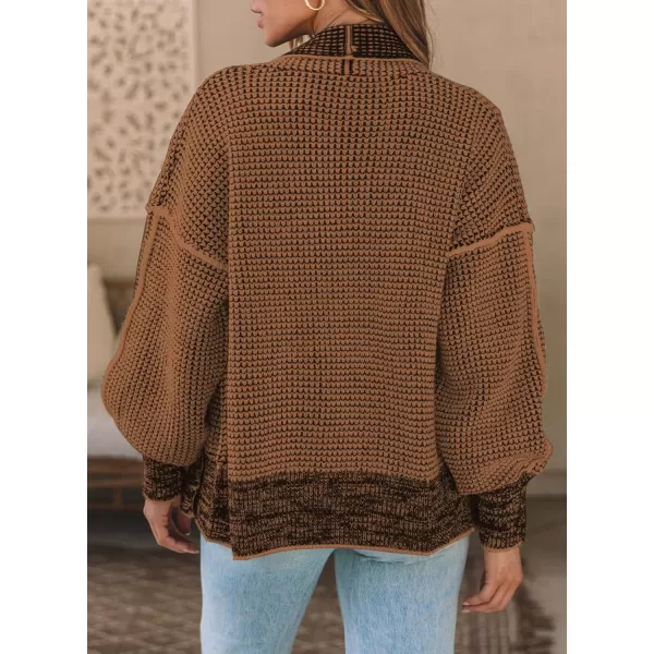 Sidefeel Womens Plaid Short Cardigan Oversized Chunky Long Sleeve Knit Open Front Cardigan Sweaters with PocketsBrown