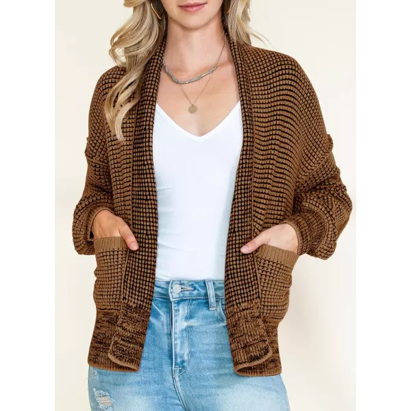 Sidefeel Womens Plaid Short Cardigan Oversized Chunky Long Sleeve Knit Open Front Cardigan Sweaters with PocketsBrown