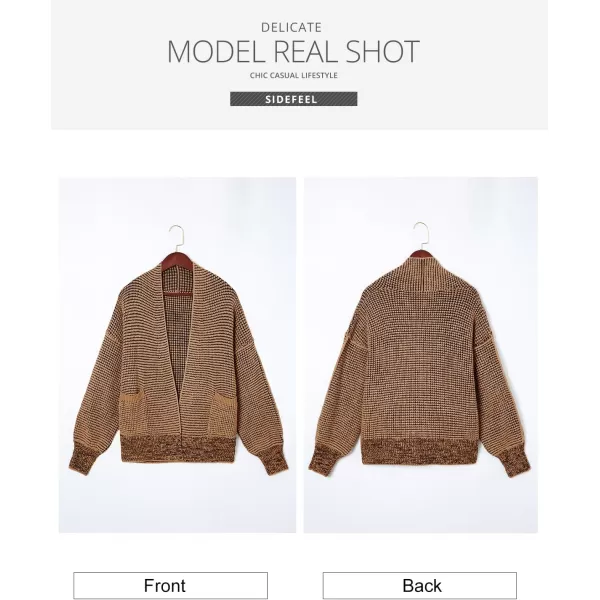 Sidefeel Womens Plaid Short Cardigan Oversized Chunky Long Sleeve Knit Open Front Cardigan Sweaters with PocketsBrown