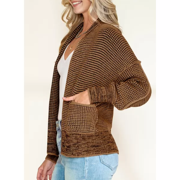 Sidefeel Womens Plaid Short Cardigan Oversized Chunky Long Sleeve Knit Open Front Cardigan Sweaters with PocketsBrown