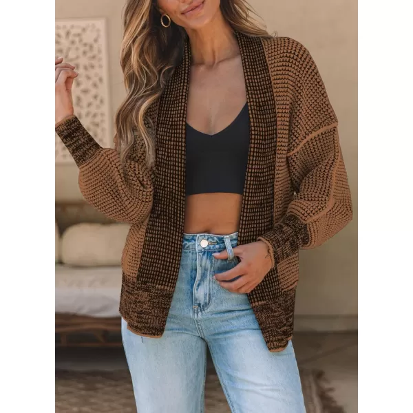 Sidefeel Womens Plaid Short Cardigan Oversized Chunky Long Sleeve Knit Open Front Cardigan Sweaters with PocketsBrown