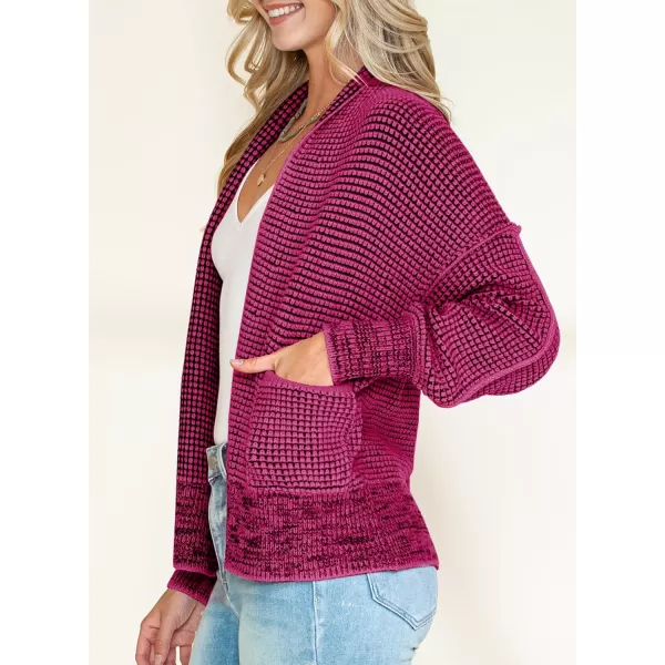 Sidefeel Womens Plaid Short Cardigan Oversized Chunky Long Sleeve Knit Open Front Cardigan Sweaters with PocketsHot Pink