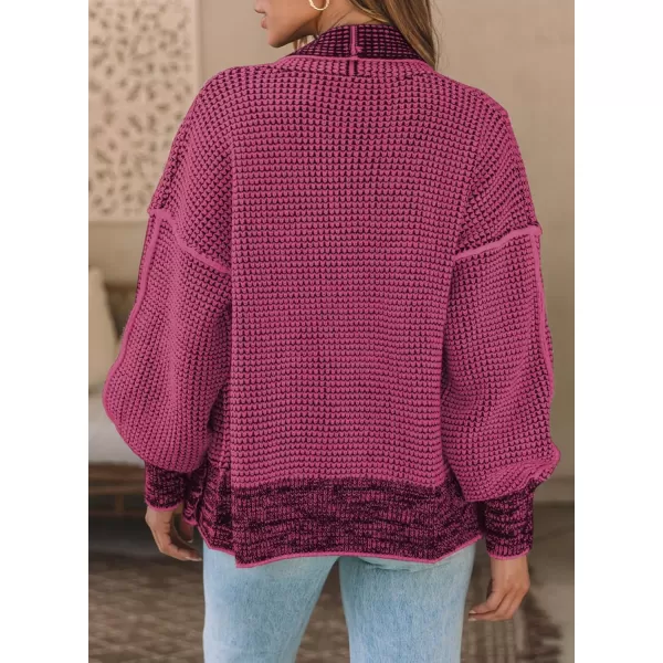Sidefeel Womens Plaid Short Cardigan Oversized Chunky Long Sleeve Knit Open Front Cardigan Sweaters with PocketsHot Pink