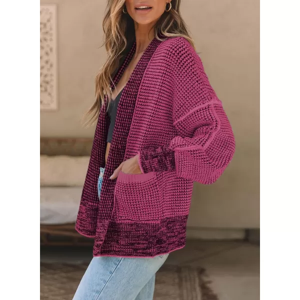 Sidefeel Womens Plaid Short Cardigan Oversized Chunky Long Sleeve Knit Open Front Cardigan Sweaters with PocketsHot Pink