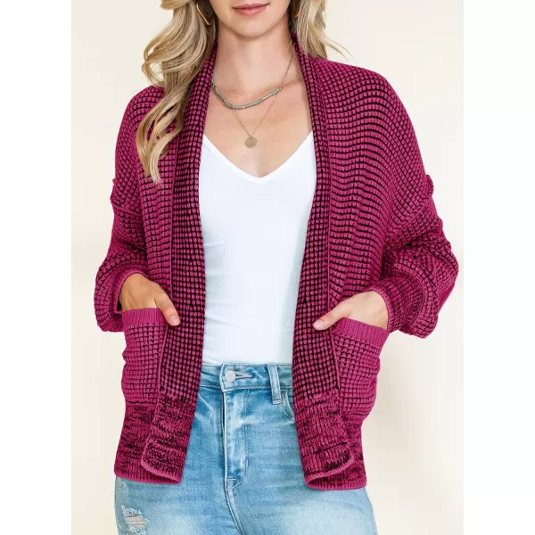 Sidefeel Womens Plaid Short Cardigan Oversized Chunky Long Sleeve Knit Open Front Cardigan Sweaters with PocketsHot Pink