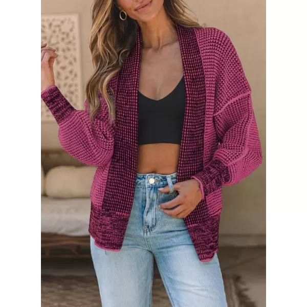 Sidefeel Womens Plaid Short Cardigan Oversized Chunky Long Sleeve Knit Open Front Cardigan Sweaters with PocketsHot Pink