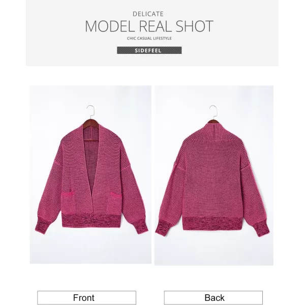 Sidefeel Womens Plaid Short Cardigan Oversized Chunky Long Sleeve Knit Open Front Cardigan Sweaters with PocketsHot Pink