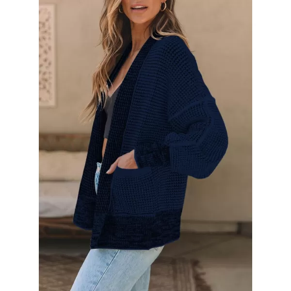 Sidefeel Womens Plaid Short Cardigan Oversized Chunky Long Sleeve Knit Open Front Cardigan Sweaters with PocketsNavy Blue