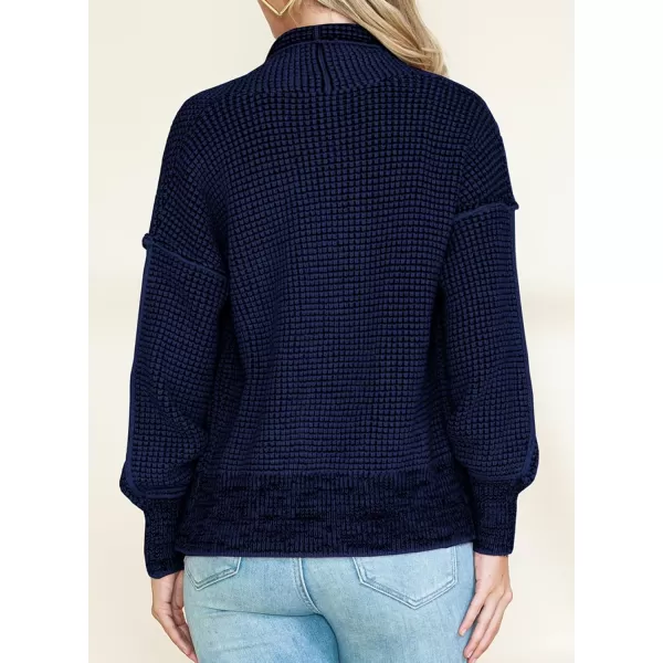 Sidefeel Womens Plaid Short Cardigan Oversized Chunky Long Sleeve Knit Open Front Cardigan Sweaters with PocketsNavy Blue