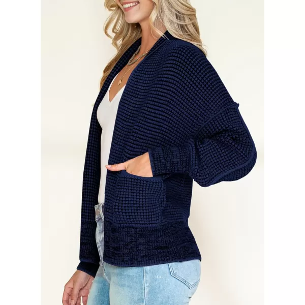Sidefeel Womens Plaid Short Cardigan Oversized Chunky Long Sleeve Knit Open Front Cardigan Sweaters with PocketsNavy Blue