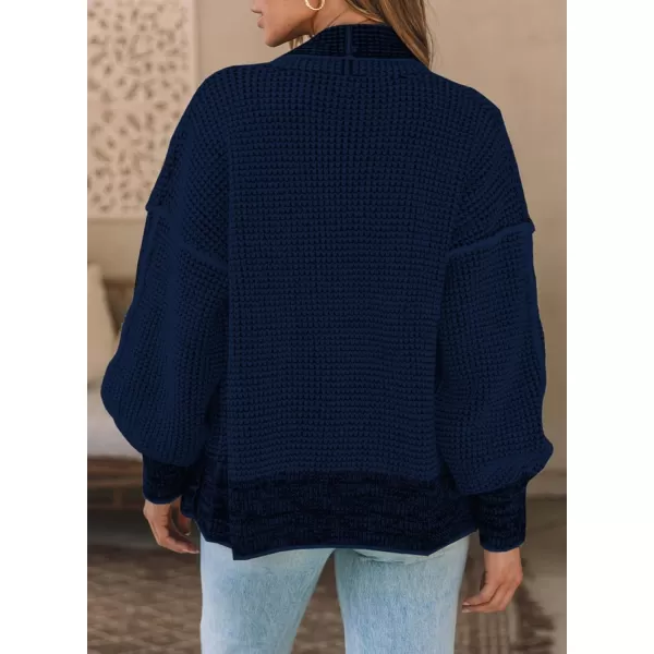 Sidefeel Womens Plaid Short Cardigan Oversized Chunky Long Sleeve Knit Open Front Cardigan Sweaters with PocketsNavy Blue