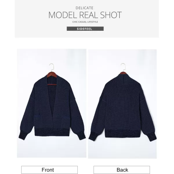 Sidefeel Womens Plaid Short Cardigan Oversized Chunky Long Sleeve Knit Open Front Cardigan Sweaters with PocketsNavy Blue