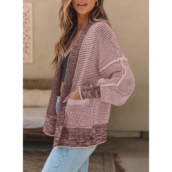 Sidefeel Womens Plaid Short Cardigan Oversized Chunky Long Sleeve Knit Open Front Cardigan Sweaters with PocketsPink