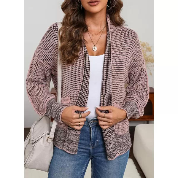 Sidefeel Womens Plaid Short Cardigan Oversized Chunky Long Sleeve Knit Open Front Cardigan Sweaters with PocketsPink