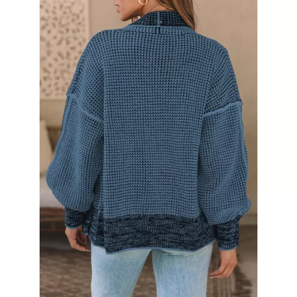 Sidefeel Womens Plaid Short Cardigan Oversized Chunky Long Sleeve Knit Open Front Cardigan Sweaters with PocketsSky Blue
