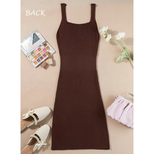 Sidefeel Womens Summer Dresses 2024 Casual Square Neck Ribbed Knit Sleeveless Sundress Sexy Bodycon Mini DressBrown