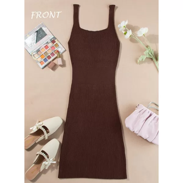 Sidefeel Womens Summer Dresses 2024 Casual Square Neck Ribbed Knit Sleeveless Sundress Sexy Bodycon Mini DressBrown