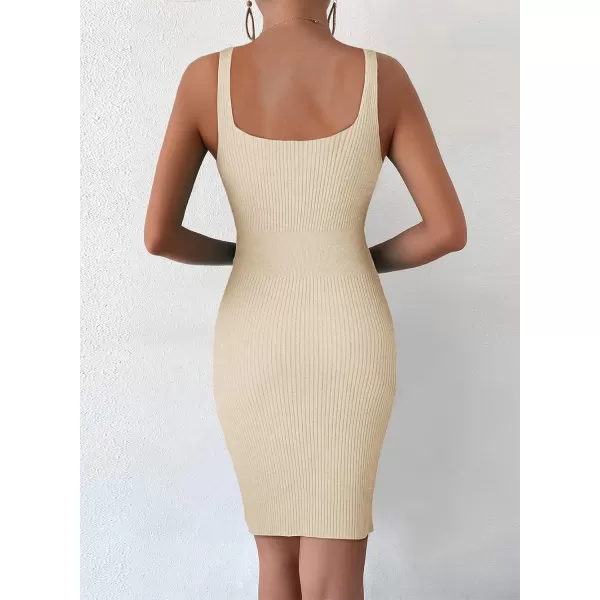 Sidefeel Womens Summer Dresses 2024 Casual Square Neck Ribbed Knit Sleeveless Sundress Sexy Bodycon Mini DressCream White