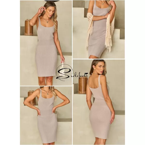 Sidefeel Womens Summer Dresses 2024 Casual Square Neck Ribbed Knit Sleeveless Sundress Sexy Bodycon Mini DressKhaki