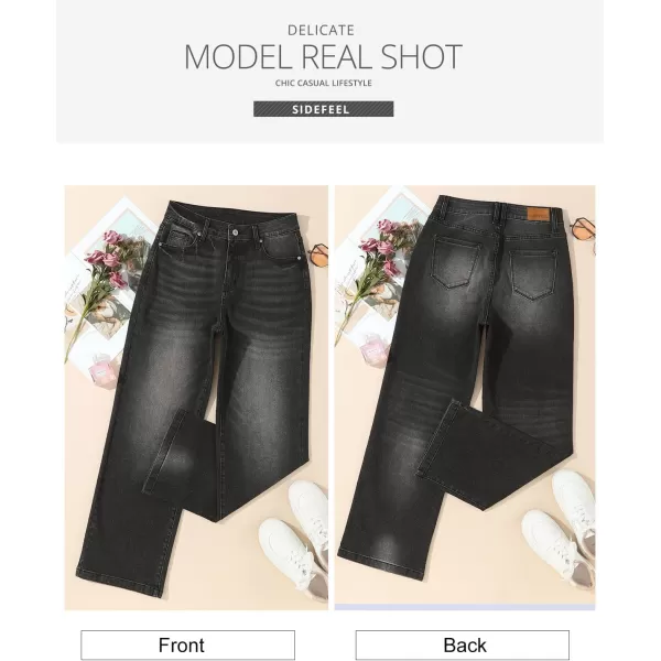 Sidefeel Womens Wide Leg Jeans Casual High Waisted Straight Stretch Denim Pants with PocketsBlack