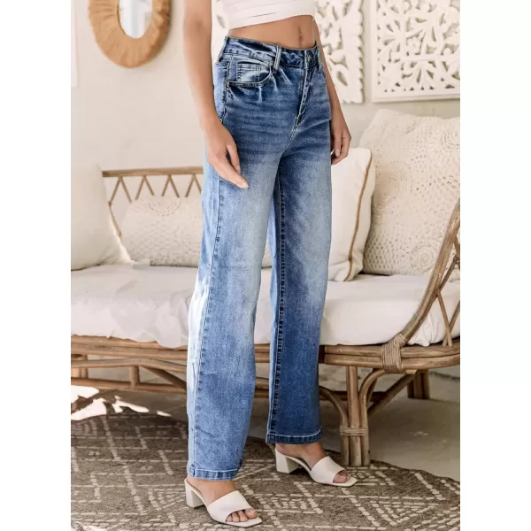 Sidefeel Womens Wide Leg Jeans Casual High Waisted Straight Stretch Denim Pants with PocketsDark Blue