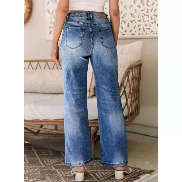 Sidefeel Womens Wide Leg Jeans Casual High Waisted Straight Stretch Denim Pants with PocketsDark Blue