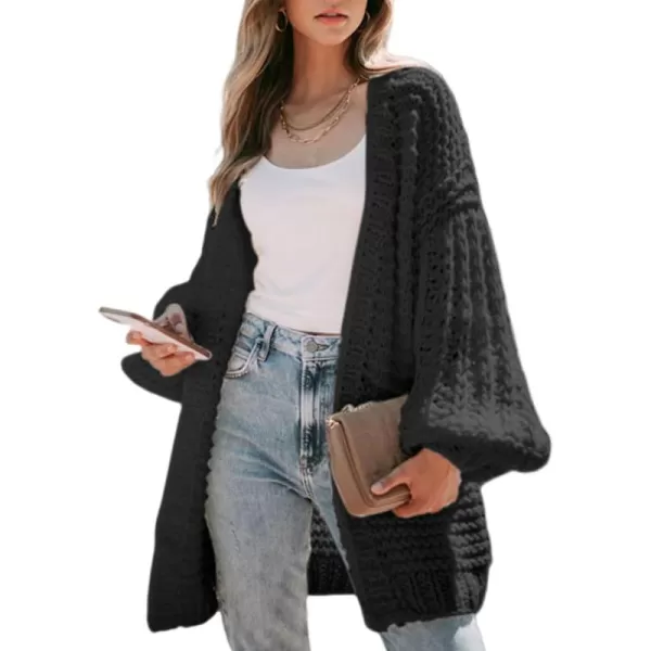 Sidefeel Cardigan for Women Trendy 2024 Open Front Sweater Oversized Lantern Sleeve Chunky Knitted OutwearBlack