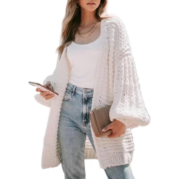 Sidefeel Cardigan for Women Trendy 2024 Open Front Sweater Oversized Lantern Sleeve Chunky Knitted OutwearWhite