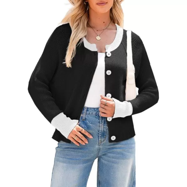 Sidefeel Womens 2024 Fall Long Sleeve Crewneck Cropped Cardigan Sweaters Contrast Button Down Knit Sweaters CoatBlack