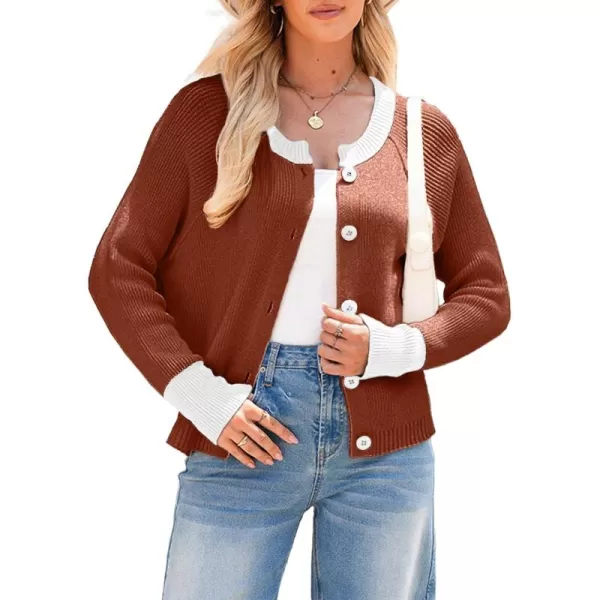 Sidefeel Womens 2024 Fall Long Sleeve Crewneck Cropped Cardigan Sweaters Contrast Button Down Knit Sweaters CoatBrown