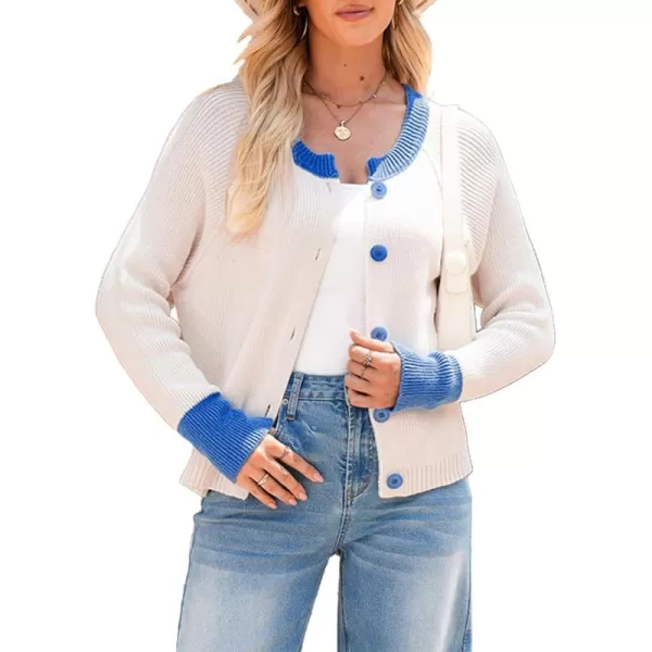 Sidefeel Womens 2024 Fall Long Sleeve Crewneck Cropped Cardigan Sweaters Contrast Button Down Knit Sweaters CoatCream