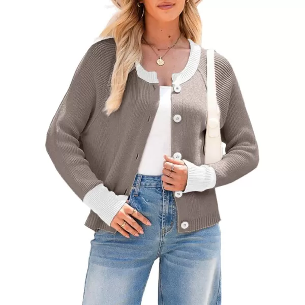 Sidefeel Womens 2024 Fall Long Sleeve Crewneck Cropped Cardigan Sweaters Contrast Button Down Knit Sweaters CoatKhaki