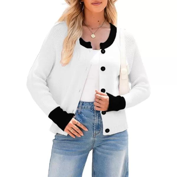 Sidefeel Womens 2024 Fall Long Sleeve Crewneck Cropped Cardigan Sweaters Contrast Button Down Knit Sweaters CoatWhite