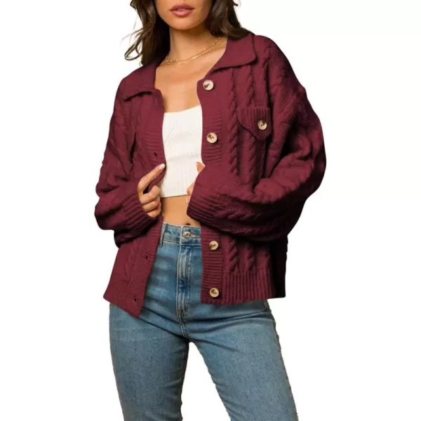 Sidefeel Womens 2024 Fall Long Sleeve Open Front Cardigan Sweaters Button Down Cable Knit Chunky Sweaters OutwearBurgundy