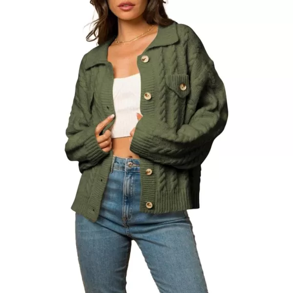 Sidefeel Womens 2024 Fall Long Sleeve Open Front Cardigan Sweaters Button Down Cable Knit Chunky Sweaters OutwearGreen