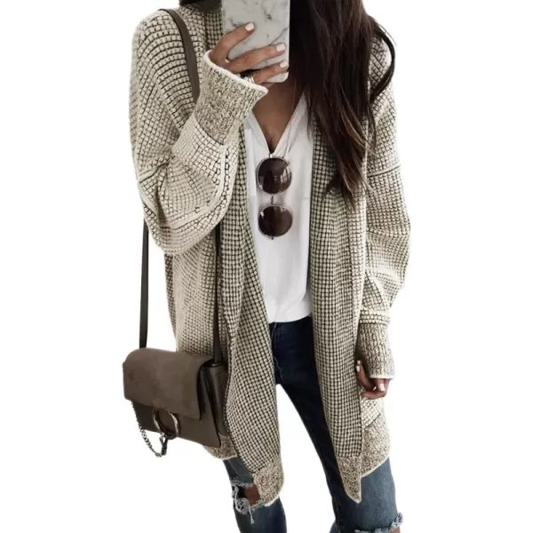 Sidefeel Womens 2024 Fall Winter Long Sleeve Open Front Cardigan Sweaters Oversized Checkered Chunky Knit Sweaters CoatApricot