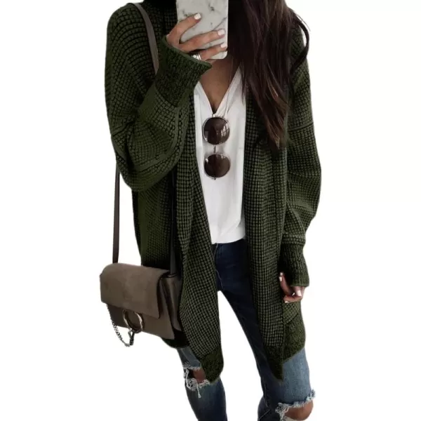 Sidefeel Womens 2024 Fall Winter Long Sleeve Open Front Cardigan Sweaters Oversized Checkered Chunky Knit Sweaters CoatArmy Green