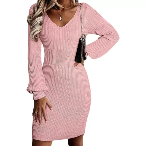 Sidefeel Womens 2024 Winter Ribbed Knit Sweater Dress Casual Long Sleeve Fall Dresses Sexy V Neck Bodycon Mini DressPink