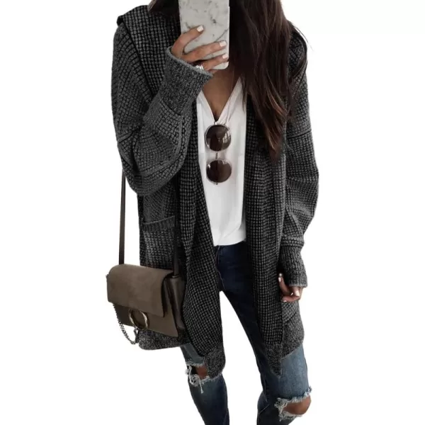 Sidefeel Womens Cardigan Sweaters Hooded Oversized Open Front Chunky Knit Plaid Sweater Coat Fall Fashion TopsBlack