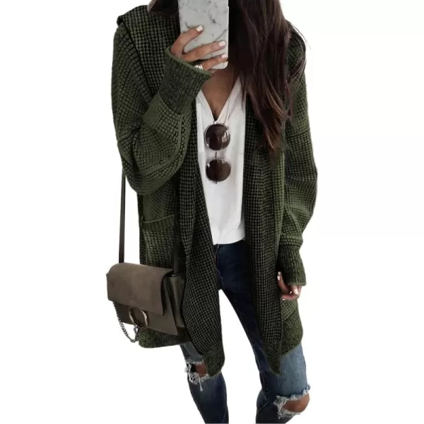 Sidefeel Womens Cardigan Sweaters Hooded Oversized Open Front Chunky Knit Plaid Sweater Coat Fall Fashion TopsBlackish Green