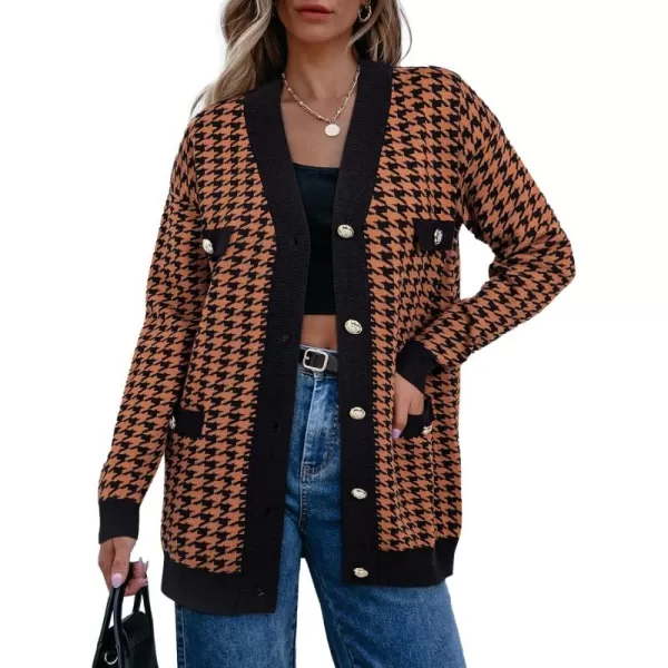 Sidefeel Womens Cardigan Sweaters Open Front Button Down Plaid Chunky Knit Jackets with PocketsBrown