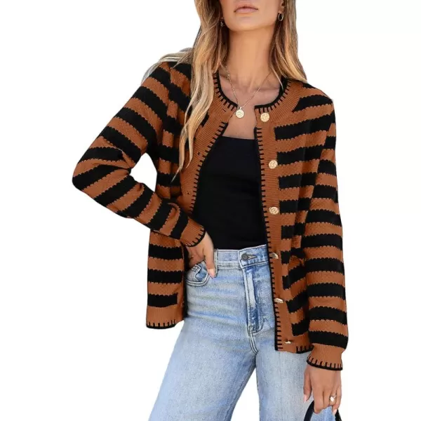 Sidefeel Womens Cardigan Sweaters Striped Open Front Button Down Knitted Coat Cropped Fall Fashion OutwearBrown Stripe