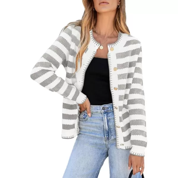 Sidefeel Womens Cardigan Sweaters Striped Open Front Button Down Knitted Coat Cropped Fall Fashion OutwearLight Gray Stripe