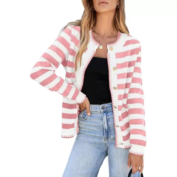 Sidefeel Womens Cardigan Sweaters Striped Open Front Button Down Knitted Coat Cropped Fall Fashion OutwearLight Pink Stripe