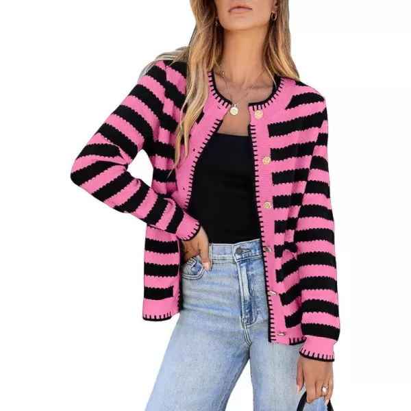 Sidefeel Womens Cardigan Sweaters Striped Open Front Button Down Knitted Coat Cropped Fall Fashion OutwearPink Stripe