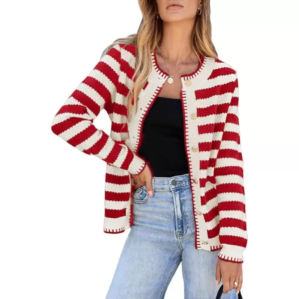 Sidefeel Womens Cardigan Sweaters Striped Open Front Button Down Knitted Coat Cropped Fall Fashion OutwearRed Stripe