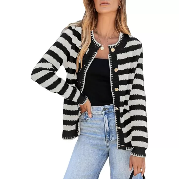 Sidefeel Womens Cardigan Sweaters Striped Open Front Button Down Knitted Coat Cropped Fall Fashion OutwearWhite Stripe