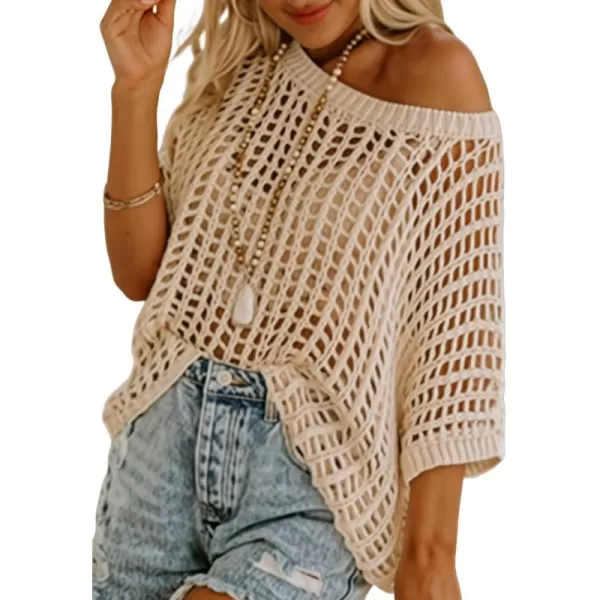 Sidefeel Womens Crochet Tops Short Sleeve Sweater 2024 Fashion Hollow Out Scoop Neck Pullover Knit Tops Cover UpsApricot