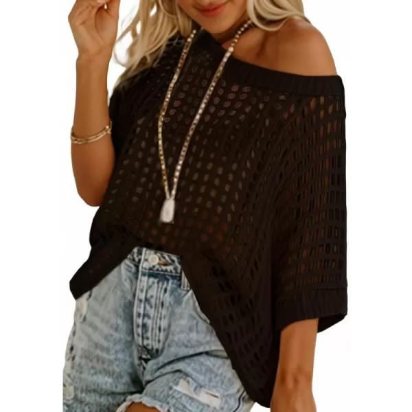 Sidefeel Womens Crochet Tops Short Sleeve Sweater 2024 Fashion Hollow Out Scoop Neck Pullover Knit Tops Cover UpsBlack